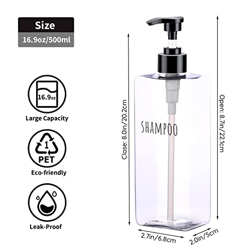 Segbeauty Clear Square Shampoo Bottles, 3pcs 16.9oz Refillable Plastic Lotion Dispenser with Pump, 500ml Empty Reusable Bathroom Shower Bottle Dispense Shampoo Conditioner Body Soap Liquid Gel - color: Clear, style: 16.9oz