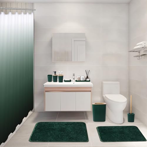 XLHOMO Dark Green Bathroom Accessories Set with Ombre Shower Curtain and Bathroom Rugs,Bathroom Sets with Trash Can,Toothbrush Holder and Cup,Soap Dispenser,Tray,Soap Dish,Toilet Brush,Qtip Holders - color: Hollow Dark Green, size: Bathroom Set+Shower Cur