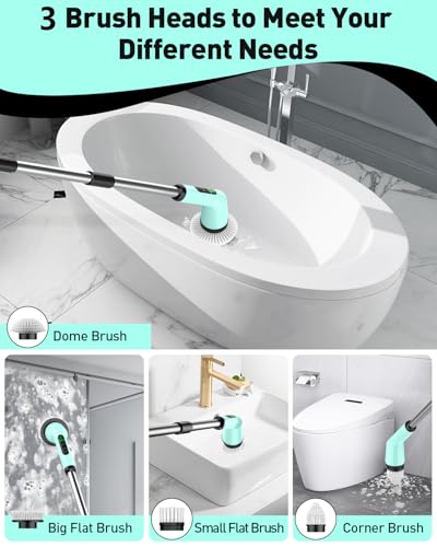 Electric Spin Scrubber for Cleaning Bathroom, Shower Scrubber Cordless Cleaning Brush with IPX7 Waterproof & 2 Speed, 3 Brush Heads, Bathroom Cleaning Supplies for Toilet Shower Tub Mint Green - color: Mint Green, size: 3 Brush Heads