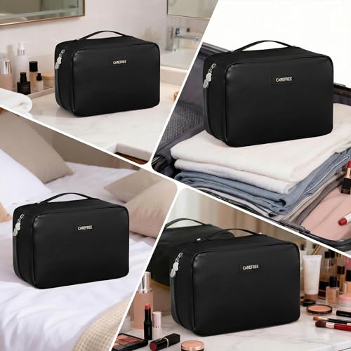 Travel Makeup Bag, Large Capacity Cosmetic Bags for Women, Waterproof Portable Pouch Open Flat Toiletry Bag Make up Bag, Black - color: Black