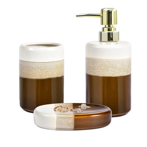Bathroom Accessories Set of 3, Natural Reactive Glaze Ceramic Bathroom Sets Complete-Toothbrush Holders, Soap Dispenser, Soap Dish, Luxury Bathroom Decor, Bathroom Countertop Organizer, Brown Gold - size: BrownWhite3pcs