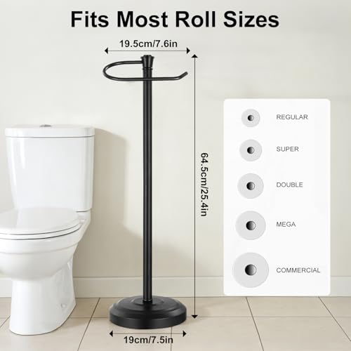 Black Toilet Paper Holder Free Standing, 25" H 304 Stainless Steel Toilet Paper Stand for Bathroom，Weighted Base Floor Tissue Roll Holder,Toilet Roll Stand - color: Black