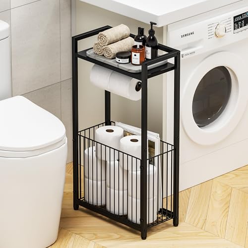 Freestanding Toilet Paper Holder with Storage Shelf - Larger Size Bathroom Tissue Stand with Space for Multiple Rolls, Phone, Wipes, and Magazines – All-in-One Toilet Roll Dispenser and Organizer