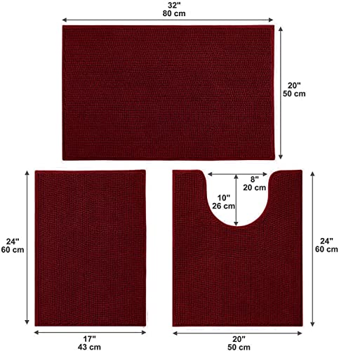 Urvoix Bathroom Rugs Set - 3 Pieces Ultra Soft Non-Slip Bath Mats, Chenille Absorbent Bath Rugs for Bathroom, Tub and Shower (Burgundy) - color: Burgundy