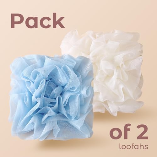2 in 1 Loofah Sponges 2-Pack Dual-Sided Exfoliating Bath Sponges for Shower & Loofah Washcloth for Bar Soap Premium Body Scrubber with Drawstring for Gentle Skin Smoothing - Blue＆Beige - style: Blue＆Beige