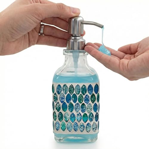 BOPPIE Handcrafted Mosaic Glass Soap Dispenser, Modern Countertop Hand & Dish Soap Dispenser for Bathroom/Kitchen, Refillable Liquid Soap Bottle with Stainless Steel Rust Proof Pump (Mosaic Blue) - color: Mosaic Blue