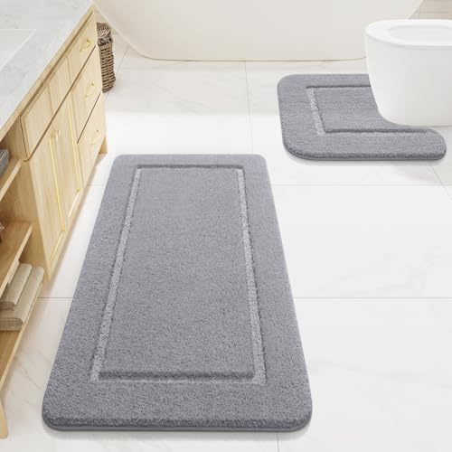 LOCHAS Bathroom Rug Set Light Grey, Soft Bath Rug Set 2 Piece Set, Toilet Mat U-Shaped 20x20 and 24x48 Bath Rugs, Quickly Dry Mats for Bathroom, Tub, Washable, Super Absorbent Floor Mat - color: Light Grey, size: 48" x 24" Plus 20" x 20" (U-Shape)