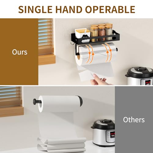 Paper Towel Holder Wall Mount for Kitchen, Easy One-handed Operation Design, Self Adhesive Paper Towel Holder with Shelf for Bathroom, RV Paper Towel Rack Paper Roll Holder with 2 Hooks, Black - color: Black