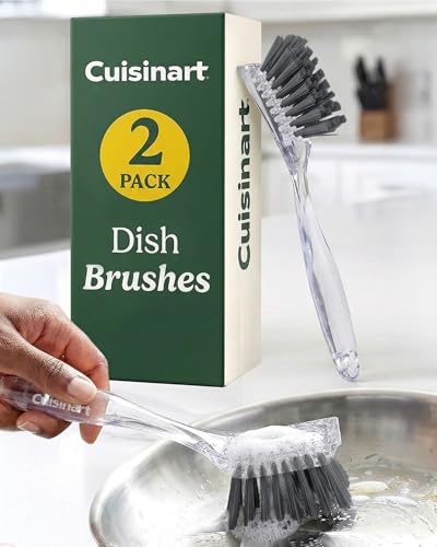 Cuisinart Dish Brush with Handle, 2 Pack, Firm Bristles | Multi-purpose dish scrubber for plates, pots, and pans, deep cleaning removes grease, safe for nonstick, built-in scraper - color: Rectangular- Dark Gray