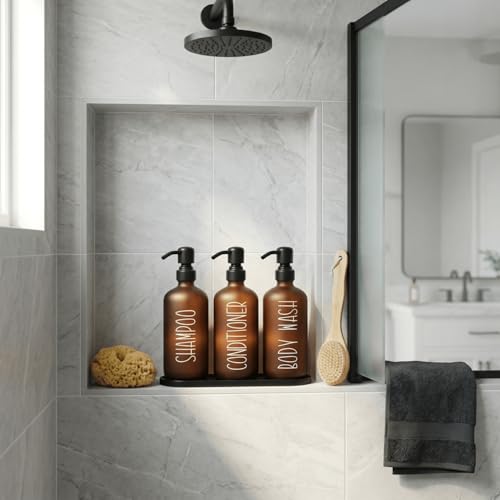 MOMEEMO Amber Shampoo and Conditioner Bottles with Tray, Shower Bottles Refillable with Labels, Hotel Shampoo and Conditioner Dispenser for Shower, Body Wash Container with Pump (Amber) - color: Amber Black
