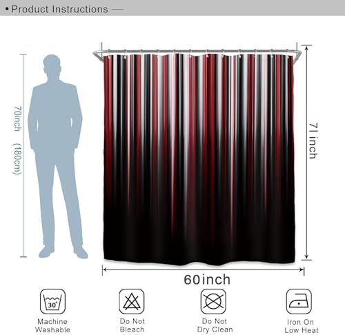 Miyotaa Black Red White Modern Shower Curtain Set 60Wx71H Inches Abstract Striped Minimalist Simple Contemporary Polyester Waterproof Bathroom Curtain with 12 Hooks - color: Black Red White Striped, size: 60"W x 71"L (Pack of 1)