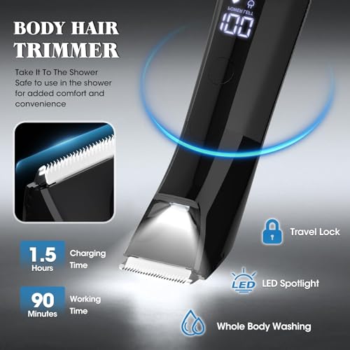 QREEYX Beard Trimmer for Men Groin & Body Hair Trimmer, Nose & Ear Clipper Head Razors for Bald Men, 5 in 1 Waterproof Manscape Kit with Travel Case, LED Display, Grooming Kit Gift for Him - color: Black-805