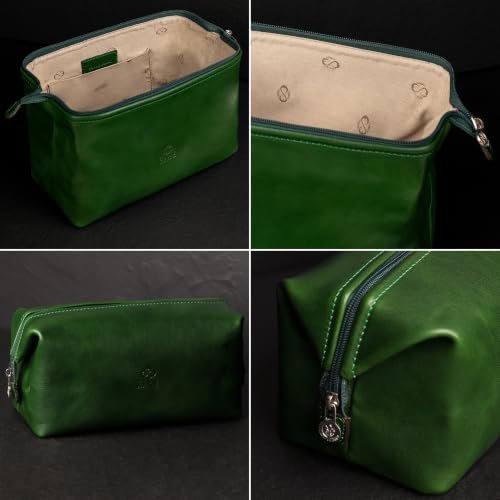 Time Resistance Leather Toiletry Bag - Italian Cosmetic Case Dopp Kit (Green) - color: Green