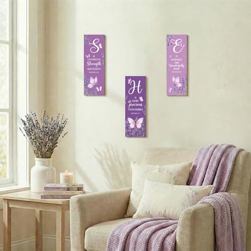 3Pcs Purple Christian Motivational Wooden Wall Decor for Women Purple Butterfly Wall Art Bible Verse Inspirational Home Decor Wooden Signs Religious Housewarming Gifts for Mom Bedroom & Office - style: Purple Christian