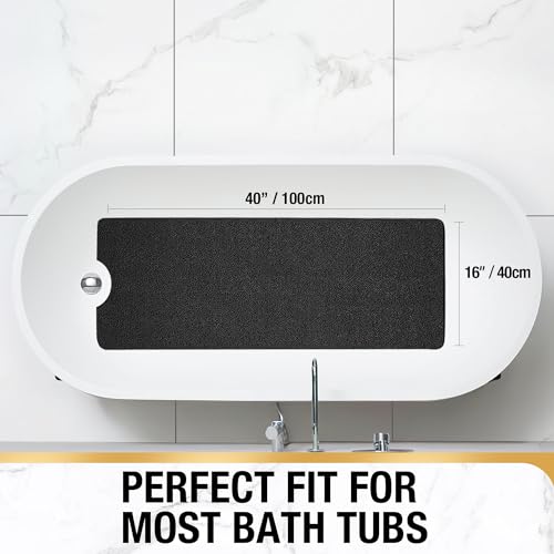 HITSLAM Non Slip Bathtub Mat 40 x 16 Inch, Extra Long Bath Mat for Tub, Soft PVC Loofah Shower Floor Mat with Drain, Quick Drying Bathroom Tub Mat for Wet Area, Without Suction Cup, Black - color: Black, size: 40" x 16" (Rectangular)
