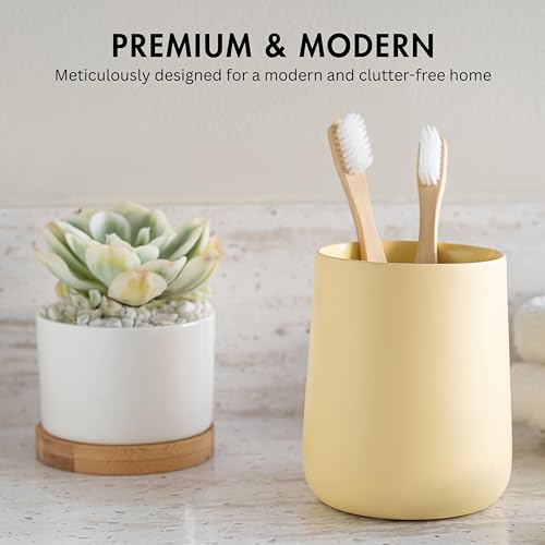 Yew Design Matte Yellow Cream Toothbrush and Toothpaste Holder and Cup for Bathroom Vanity and Countertop, Round Organizer for Electric Toothbrushes, Floss, Razors, Cotton, and Mouthwash - color: Round Matte Yellow Cream
