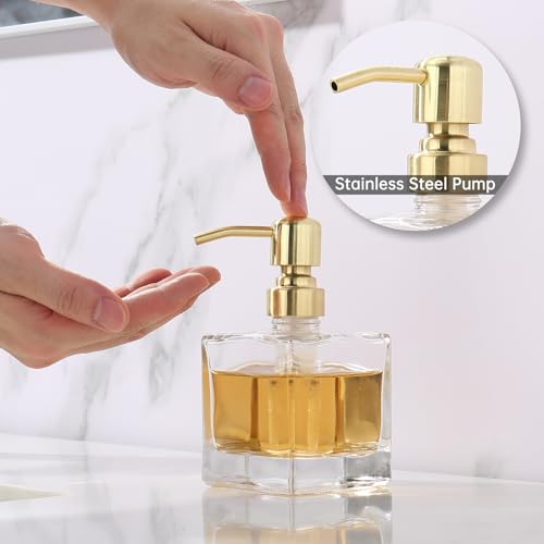 Square Bathroom Soap Dispenser Brushed Gold, Glass Bottles with Stainless Steel Pump 8.4 OZ Cube Liquid Soap Dispenser Hand Kitchen - color: Gold, size: 8.4oz-Square