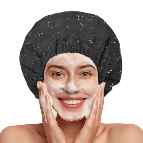 Shower Cap for Women Black Bath Cap, Reversible Large Waterproof Adjustable Shower Caps Terry Lining & Elastic Band Stretch Hem Hair Hat - color: BLACK