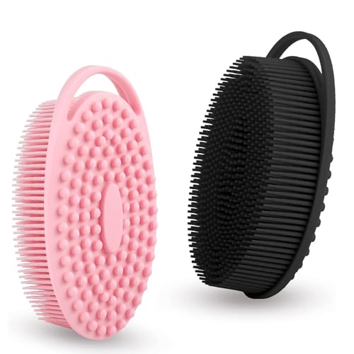 2 Pack Silicone Body Scrubber, Exfoliating Shower Scrubber for All Skin | 2 in 1 dual-sided design, soft bristles and massage bumps side, fast-drying, non-slip handle, for women and men, Black+Pink - color: Black&pink
