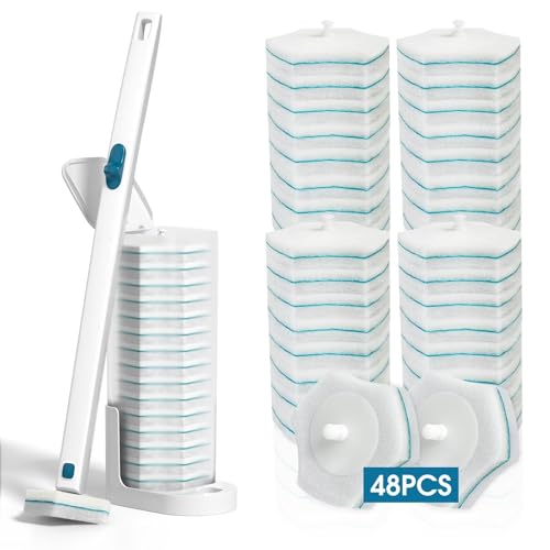 Disposable Toilet Brush with 48 PCS Refills, Disposables Toilets Cleaning System with Handle, Storage Caddy and 48Toilet Bowl Refill Heads for Bathroom Cleaning - style: Toilet Cleaning System