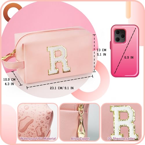 Personalized Initial Makeup Bag with Handle, Preppy Cosmetic Bag with Inner Zipper Pocket, 8 9 10 11 12 13 14 Years Old Girl, Graduation Gifts for Teen Girls Women Teachers (R, Pink) - color: Pink, style: R