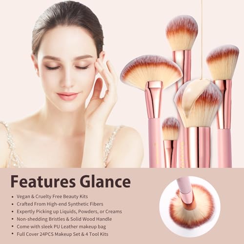 Makeup Brushes, Quality Make Up Brushes 28Pcs Makeup Brushes Set Professional & Beginner Make-up Sets & Case, Brushes & Sponges,Travel-Friendly Roll-up Beauty Gift Sets for Women, PINK - color: Pink