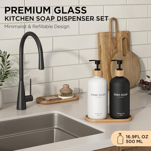 Hand and Dish Soap Dispenser Set,16oz Glass Bottles with Bamboo Pumps & Tray,Countertop Soap Dispensers for Kitchen,Luxury, Minimalist & Farmhouse Decor - color: Hand Dish (Black/White)