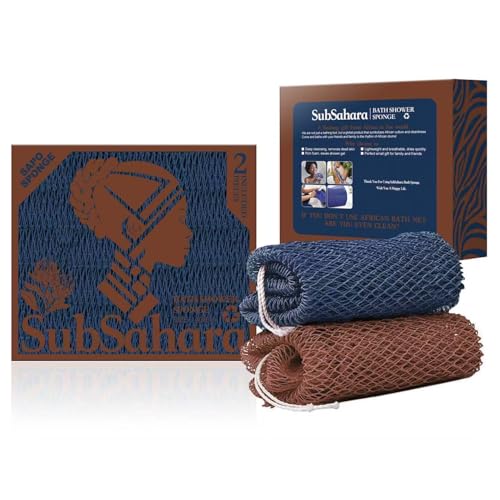 SubSahara Authentic African Net Sponge - 2 Pieces Exfoliating Scrubber for All Skin Types, Bath Sponge for Face & Body, Travel Portable, Durable, Gentle Exfoliation (Navy Blue & Brown) - color: Navy Blue & Brown