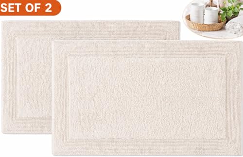 Bathroom Bath Mat Rug, 100% Cotton, 2 Pieces (17x24+21x34"), Beige | Reversible, Water Absorbent, Machine Washable, Soft, For Tub Side - color: Beige, size: 1'5" x 2' + 1'9" x 2'10" (Rectangular)
