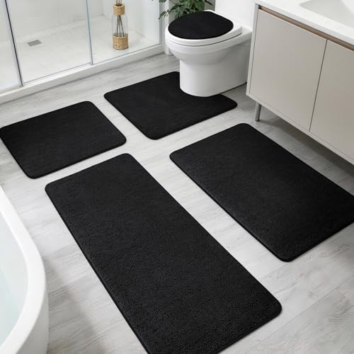 YIHOUSE Memory Foam Bathroom Rugs Sets 5 Piece - Extra Thick Soft Towel-Like Absorbent Bath Mat Set, Non Slip Machine Washable Bath Rugs Carpet for Bath, Tub and Shower, Black - color: Black, size: 1'8" x 3'10" (5 pieces)