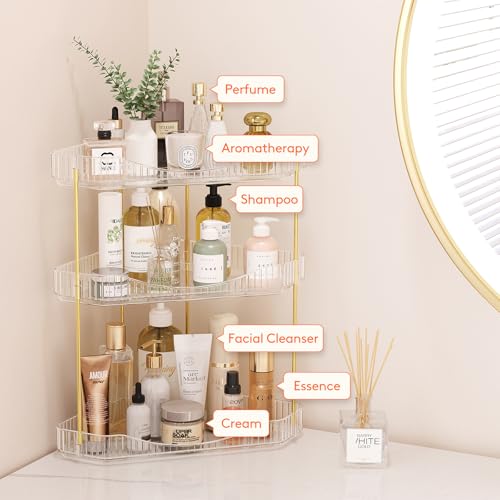 Lifewit 3-Tier Corner Bathroom Counter Organizer, Plastic Makeup Skincare Organizers Storage Countertop, Large Sink Cosmetic Perfume Shelf for Bedroom, Dresser, Kitchen, Vanity, Clear, 39 cm/15inch(H) - color: Clear, size: 3 Tier