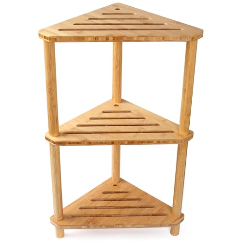 Bamboo Corner Shower Caddy Stand 3-Tier Waterproof,Free Standing Bathroom Corner Shelf Shower Stool Organizer for Inside Shower,Space-Saving Storage Shower Shelves with Anti-Slip Feet - style: GU-QZST003