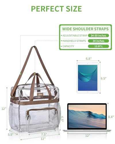 MAY TREE Clear Vinyl Tote Bag, 12 x 6 x 12 in, Brown, Suitable for Work, Travel, Sports, Office - color: Brown