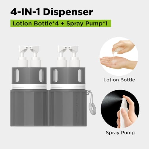 4 in 1 Travel Toiletry Containers,TSA Approved Refillable Travel Size Toiletries Bottles Set with Suction Cup for Smooth Walls - for Shampoo,Conditioner,Body Wash,Lotion.(Grey) - color: Gray