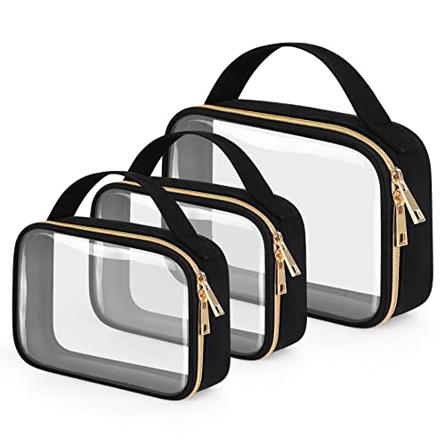 Wedama Clear Toiletry Bag, 3 Pack Clear Makeup Bags with Handles, PVC Cosmetic Bags for Women and Men, Large Opening Toiletry Bags, Black - color: Black, size: 2 Pack Medium + 1 Pack Large