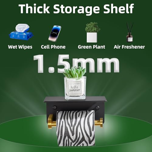 APLusee Black Gold Toilet Paper Holder with Phone Shelf, 304 Stainless Steel Bathroom Paper Holder Wall Mounted, Heavy Duty Tissue Roll Dispenser - color: Black Gold, size: Single Rod