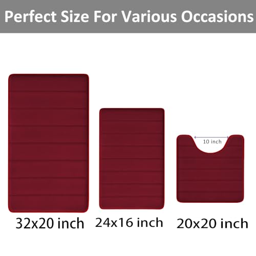 RUN HELIX Burgundy Bathroom Rugs Sets 3 Piece Memory Foam Non Slip Bath Mats for Bathroom Floor and U-Shaped Contour Toilet Rug, Soft Washable Bathroom Mats and Rugs Sets for Toilet Shower Sink - color: Burgundy