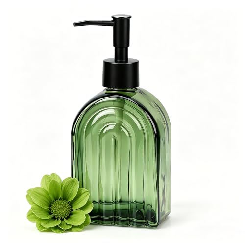 Elegant Green Glass Soap Dispenser with Black Pump | 400ML Modern Bathroom & Kitchen Dispenser for Hand Soaps, Lotions, Essential Oils - color: Green