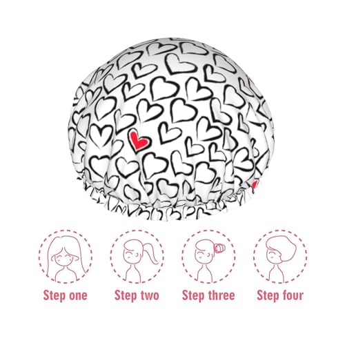 Love Hearts Shower Cap For Women Reusable Waterproof Double Layers Bath Cap Hair Protection Elastic Ladies Spa Salon Shower Hat - color: Love Hearts