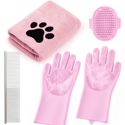 Pet Shower & Bath Supplies，Dog Shampoo Brush Set with Towel, Washing Gloves,Comb for Dogs and Cats (large pink) - color: pink, size: L