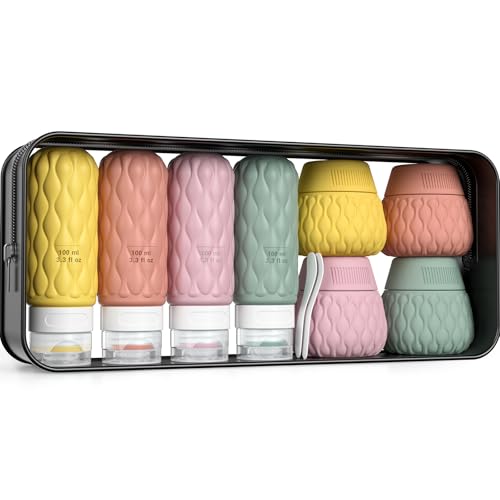 Silicone Travel Bottles for Toiletries 8 Pack Travel Size Toiletries 3.4 oz 1.7 oz, Leakproof Squeeze Travel Size Containers Refillable Cosmetic Jars Set for Shampoo, Conditioner, Creams - color: Pink Yellow-3.4oz/1.7oz