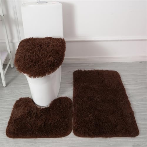 Bathroom Rugs Sets 3 Piece Thick Fluffy Soft Bathroom Rugs and U-Shaped Toilet Mat Washable Absorbent Floor Mat Coffee - color: Coffee