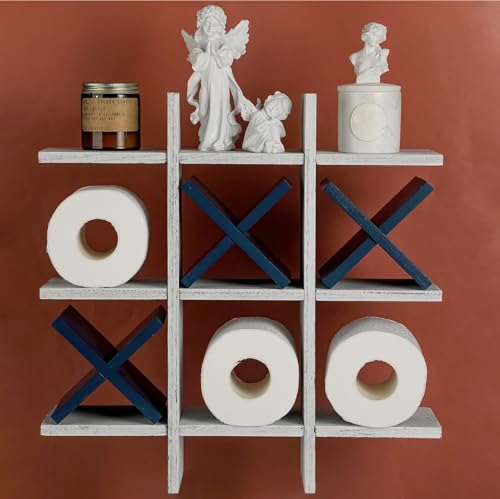 Weysat Tic Tac Toe Toilet Paper Holder Stand Bathroom Wall Decor Rustic Wooden Hanging Storage Freestanding Wall Mounted Shelves Decor for Toilet Tissue Farmhouse - color: Retro White, Blue