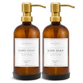 Vine Creations Amber Glass Soap Dispenser, 2 Pack Kitchen Soap Dispenser Set with Stainless Steel Pump, 16 oz Dish Soap and Hand Soap Dispensers for Bathroom with Waterproof Labels - color: Amber Bottle / Gold Pump