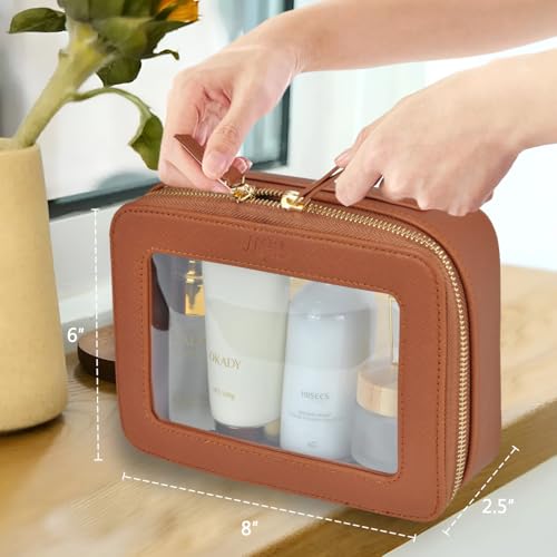 NGIL Clear Faux Leather Travel Toiletry Bag, Makeup Bag Organizer for Women, Clear Window & Gold Zipper Makeup Bag, Road Trip Essential, Skincare, Cruise Ship Essentials (Brown) - color: Brown
