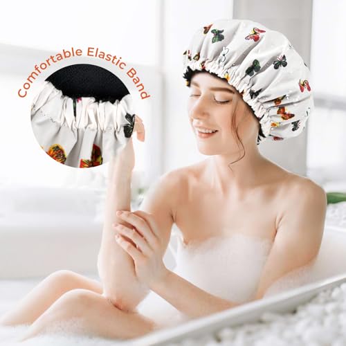 Shower Cap for Women Terry Lined Bath Cap Large Reusable Waterproof Elastic Band Butterfly Shower Caps for Long Thick Hair Soft Bath Shower Hair Caps - color: Colorful Butterfly