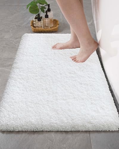 Bathroom Rugs Non Slip Washable, Ultra Thick Soft Microfiber Absorbent Bath Mats, High Density Foam Latex Non Slip Backing Bath Rugs, Fluffy Floor Carpet for Tub&Shower 24x17, White - color: White, size: 24" X 17"(Small Bathroom Rug)