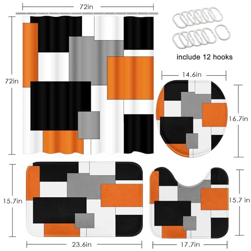 Orange Geometric Shower Curtain Set with Toilet Lid Cover and Non-Slip Rugs for Bathroom, Black White Grey Checkered 4 Pcs Shower Curtain, Modern Abstract Bathroom Set with 12 Hooks - color: Abstract Geometric Orange