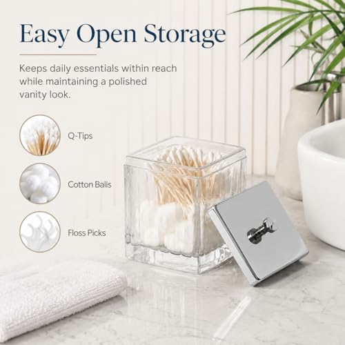 Vince Camuto Home Glass Cotton Jar Holder – Silver Lid, Elegant Bathroom Storage Canister for Qtips, Cotton Balls, Floss, Makeup Organizer, Vanity & Bathroom Organization - color: CLEAR GLASS SILVER LID