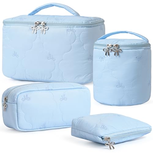 4Pcs Quilted Makeup Bag Set, Cute Bowknot Puffy Makeup Bag Toiletry Bag w/ Bow Zipper Travel Essentials Large Water-Resistant Travel Makeup Bag Versatile Cosmetic Organizer Pouch for Women Girls - color: Sky Blue
